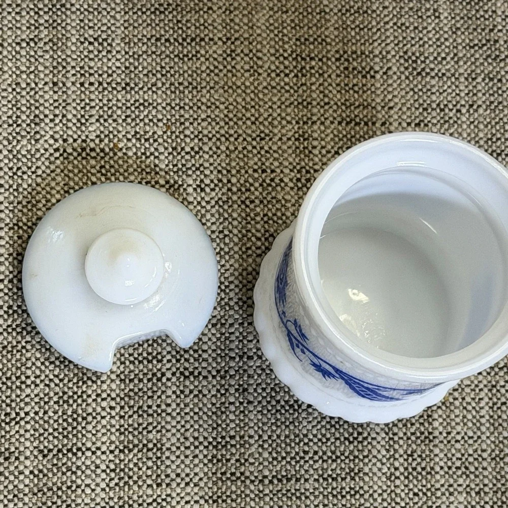 Hazel‎ Atlas White Milk Glass Blue Sweet Pea Mustard Spice ApothecaryJars W/Lid